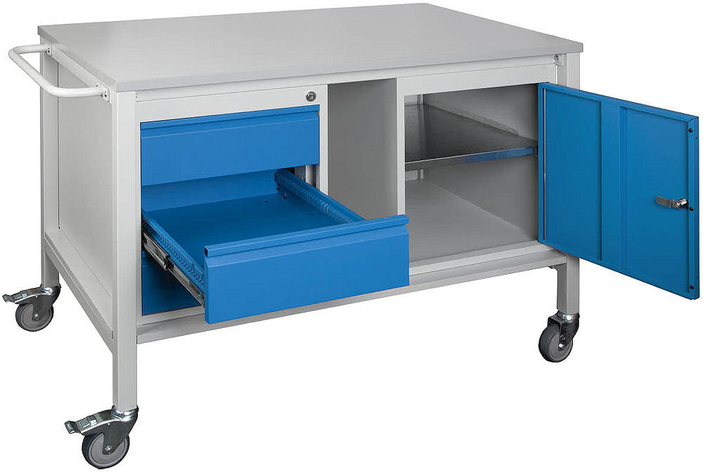 Pojízdný pracovní stůl 1200 x 700 mm, 3x zásuvka, 1x skříňka