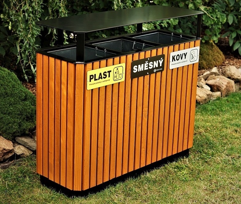 Venkovní odpadkový TROJKOŠ 3 x 65 l, dřevěné obložení