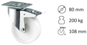 Otočné kolečko s totální brzdou TENTE ALPHA 80 mm, nosnost 200 kg