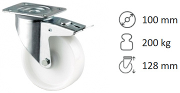 Otočné kolečko s totální brzdou TENTE ALPHA 100 mm, nosnost 200 kg