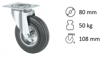 Transportní otočné kolečko s plotnou TENTE ALPHA 80 mm bez brzdy, nosnost 50 kg