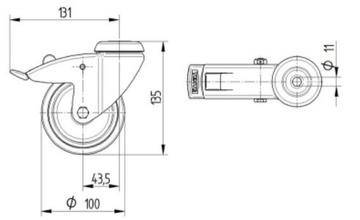 Přístrojové kolečko s totální brzdou TENTE AGILA 100 mm, nosnost 80 kg