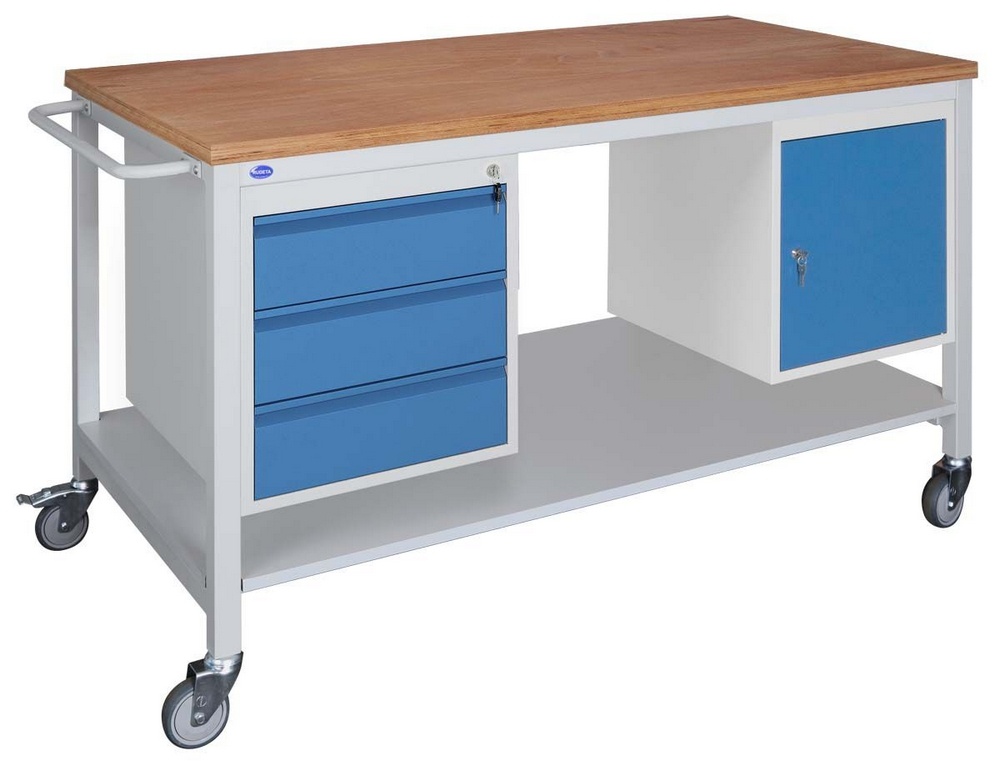 Pojízdný dílenský stůl 1500 x 800 mm s třízásuvkovým kontejnerem a skříňkou