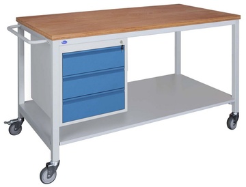 Pojízdný dílenský stůl 1500 x 800 mm, třízásuvkový kontejner