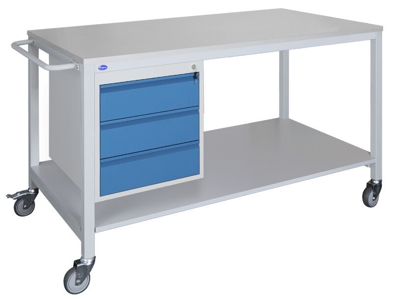 Pojízdný pracovní stůl 1500 x 800 mm s třízásuvkovým kontejnerem