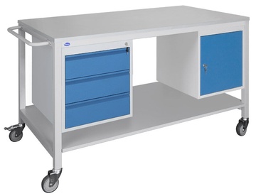 Pojízdný pracovní stůl 1500 x 800 mm s třízásuvkovým kontejnerem a skříňkou