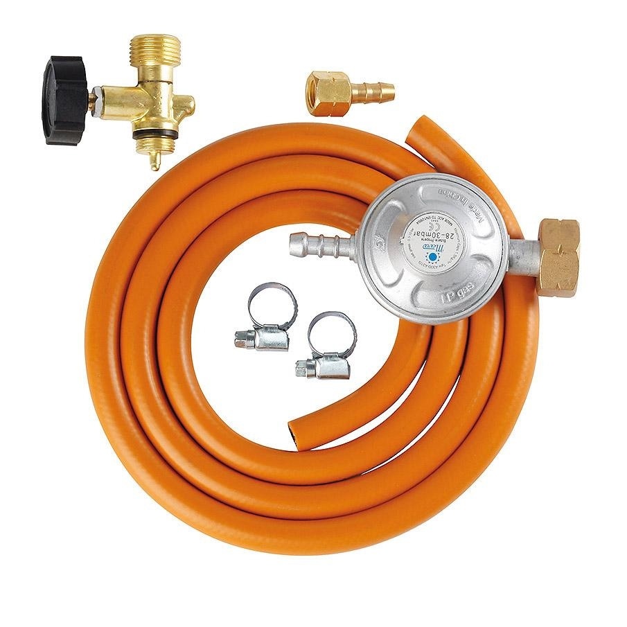 Set MEVA-ventil, hadice 8 mm 1,5m na PB s regulátorem tlaku 30 mbar s hrotem, 2ks spon, nátrubek