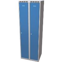 Plechová šatní skříň Alsin na soklu L3M 30 2 1 S šedá, světle modré dveře